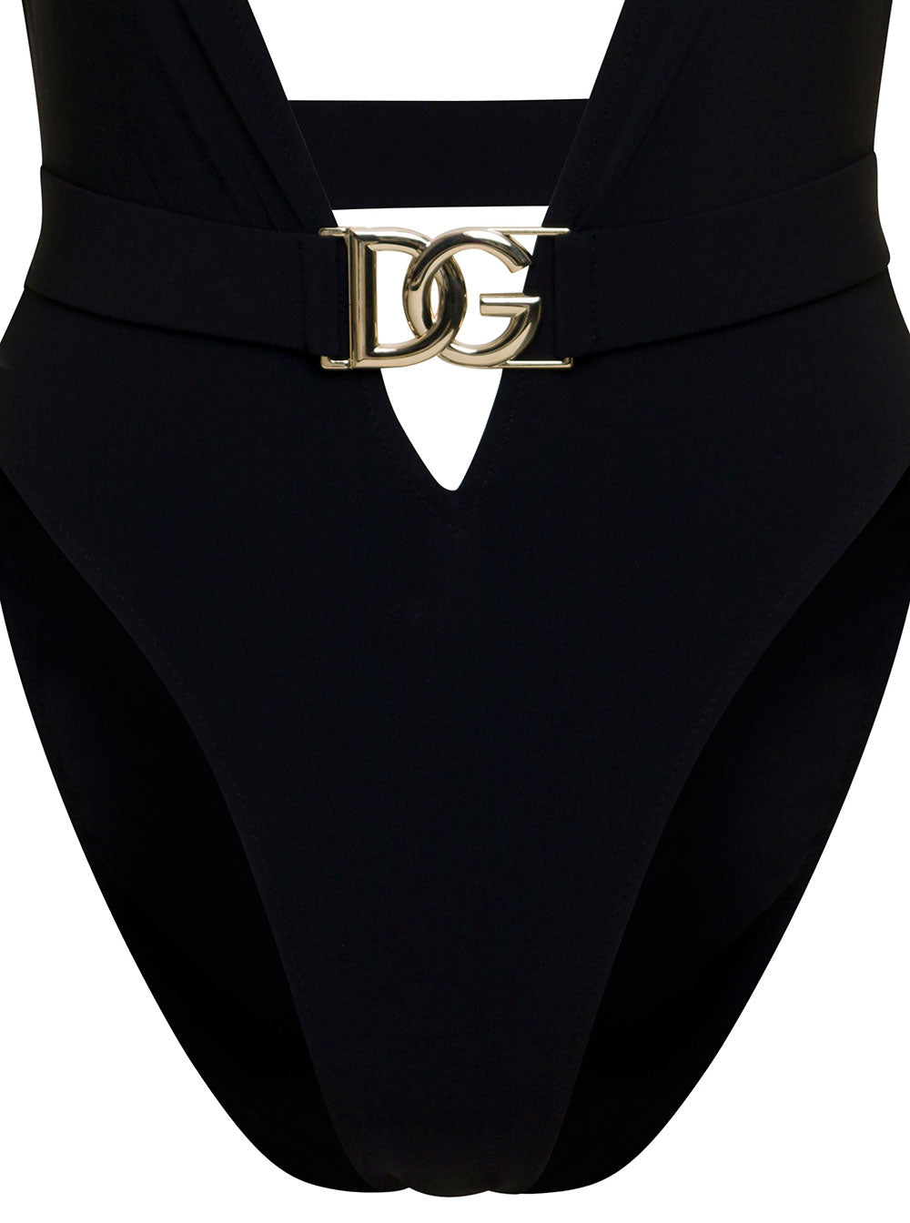Black One-Piece Swimsuit With Plunging V Neck Belt Lycra Woman Dolce & Gabbana Elastan Polyamide Beachwear