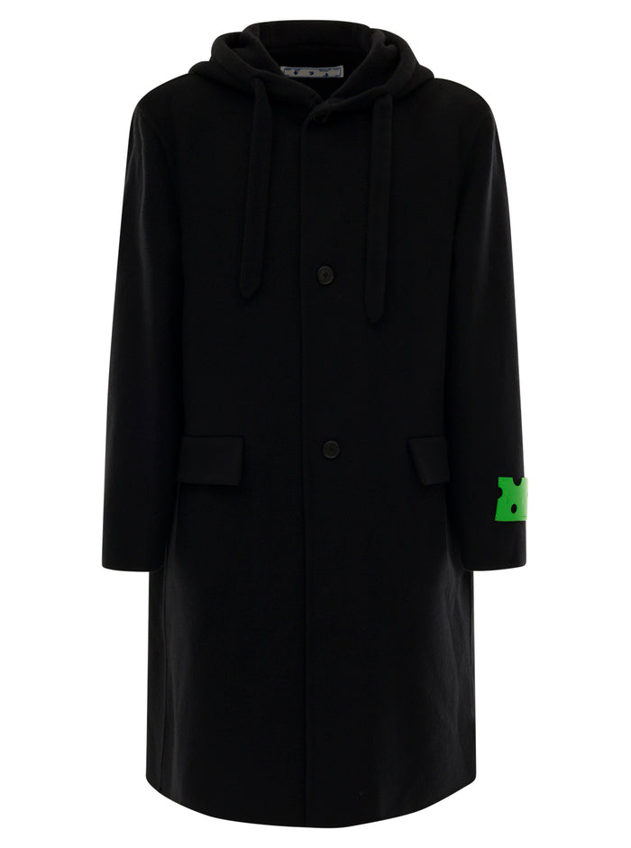 Black Hooded Coat With Contrasting Brand Tag Detail Cashmere Man Off-White