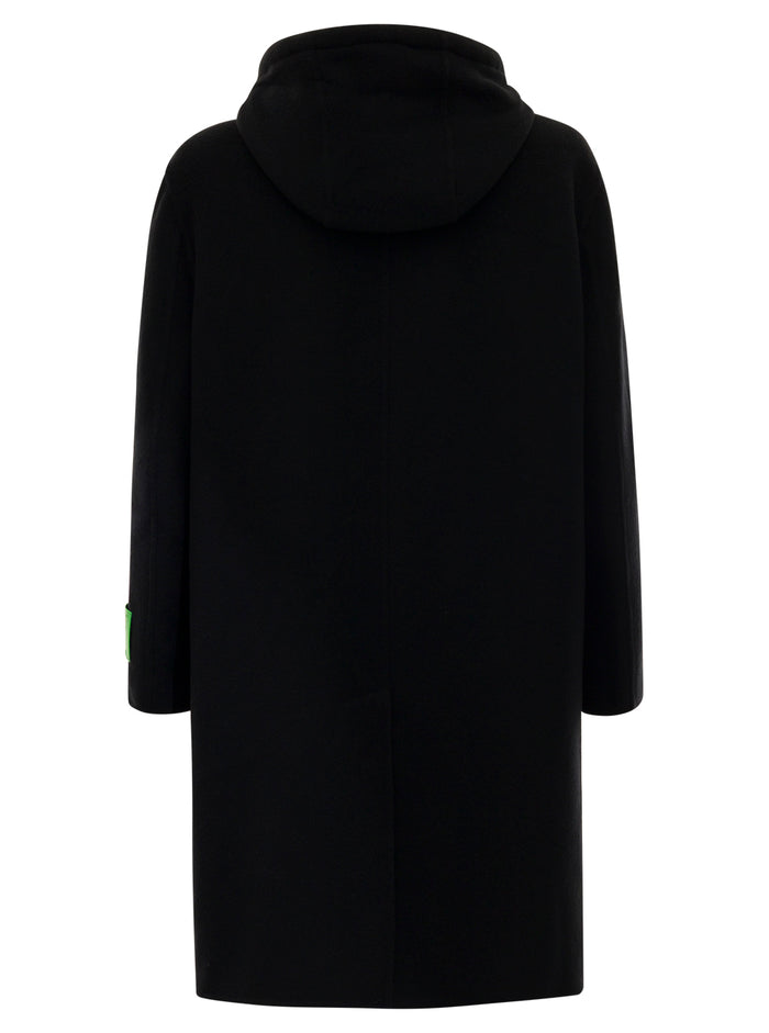 Black Hooded Coat With Contrasting Brand Tag Detail Cashmere Man Off-White