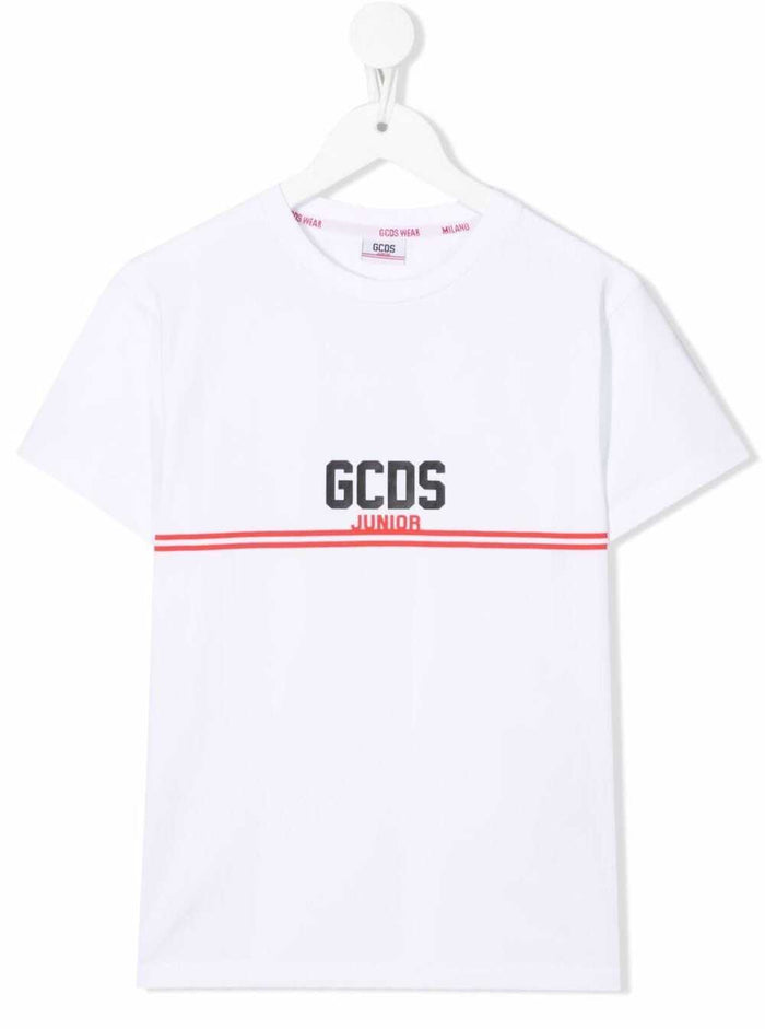 Gcds Boys White Cotton T-Shirt With Logo Elastane Tshirts And Polo Shirts