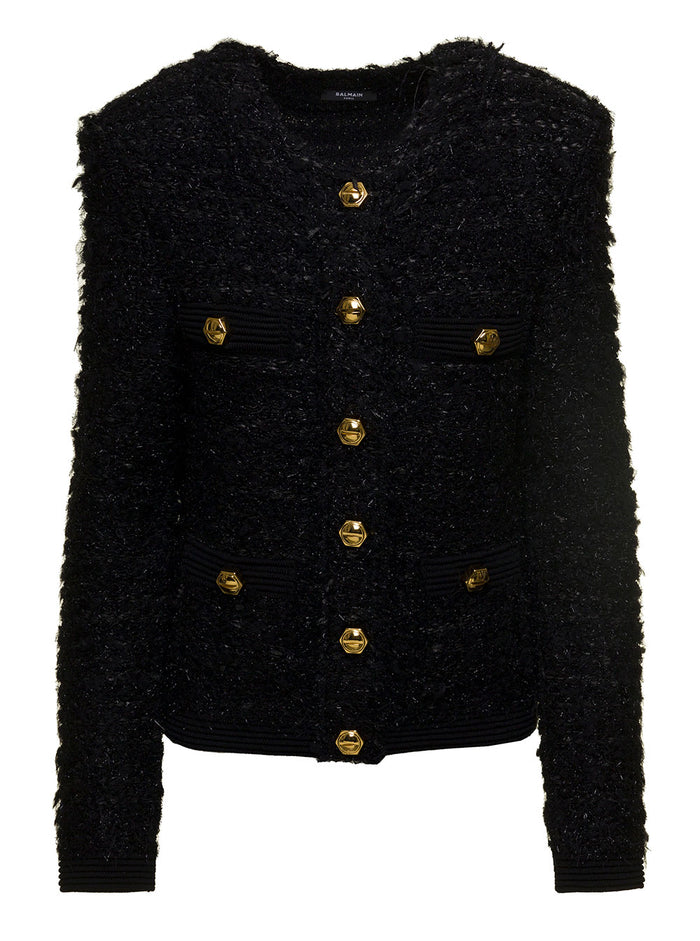 4 Pocket Ribbed Tweed Cardigan Black Blazers