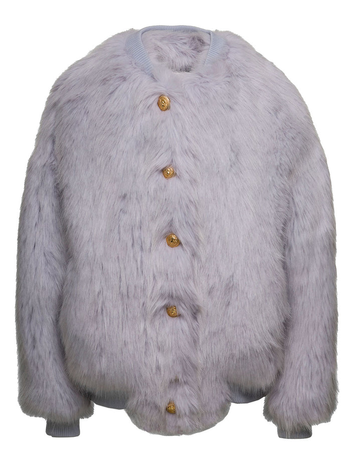 Faux Fur Buttoned Bomber Jacket Blu Modacrylic Polyester