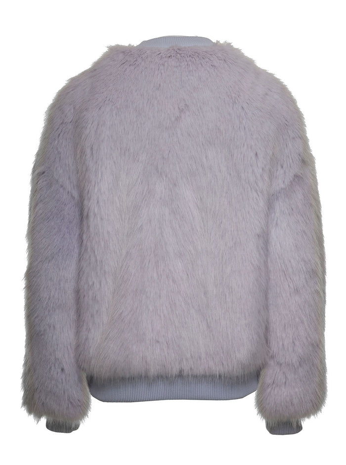 Faux Fur Buttoned Bomber Jacket Blu Modacrylic Polyester