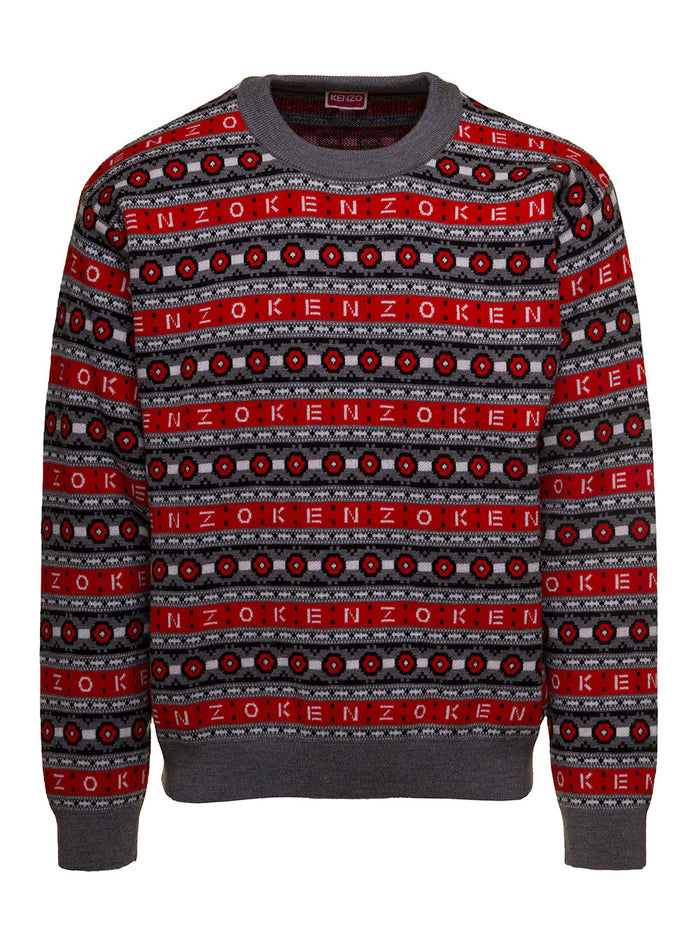 Jacquard Regular Jumper Red Wool Jersey