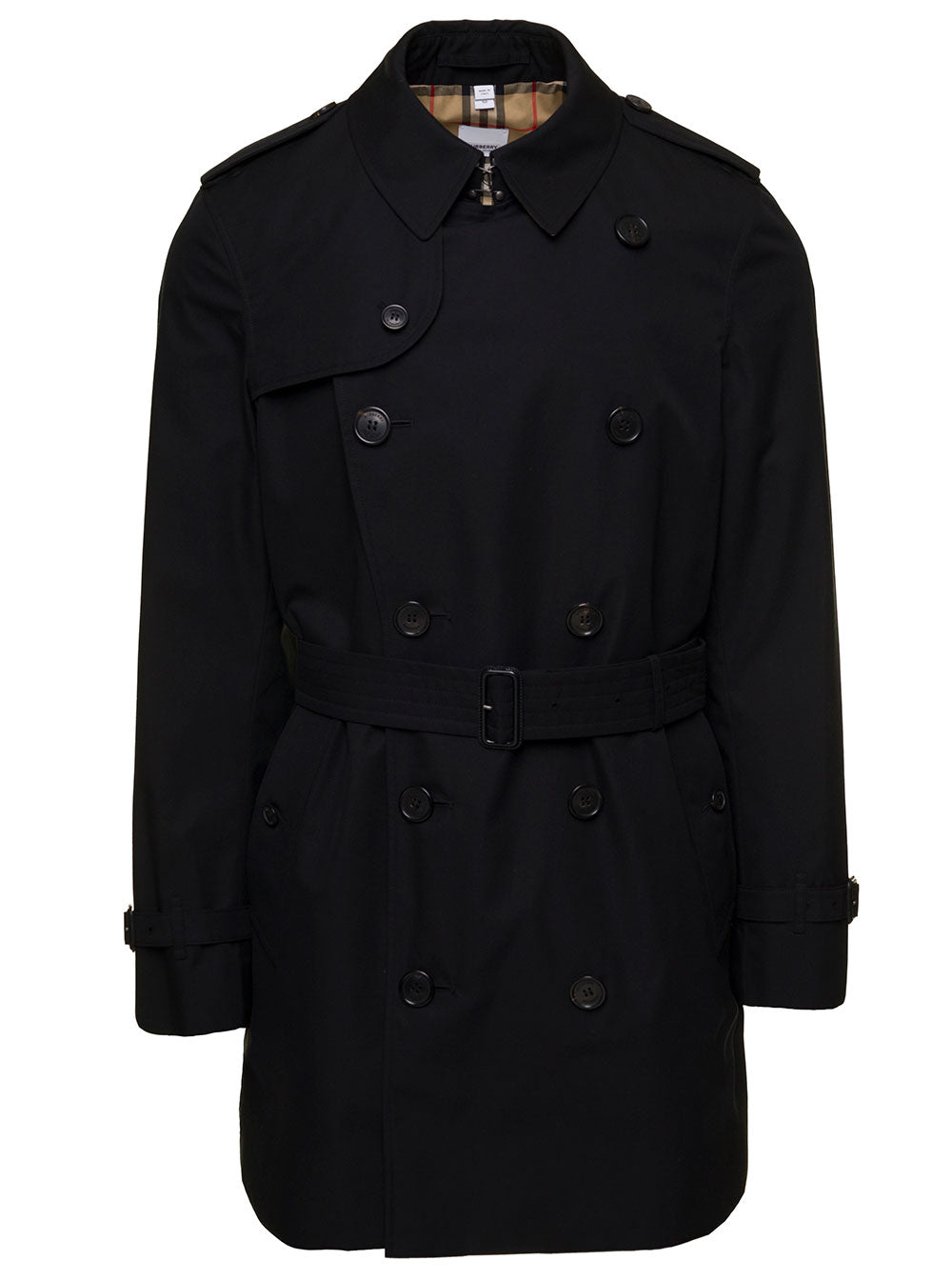 Burberry Mens Double-Breasted Black Cotton Trench Coat With Belt