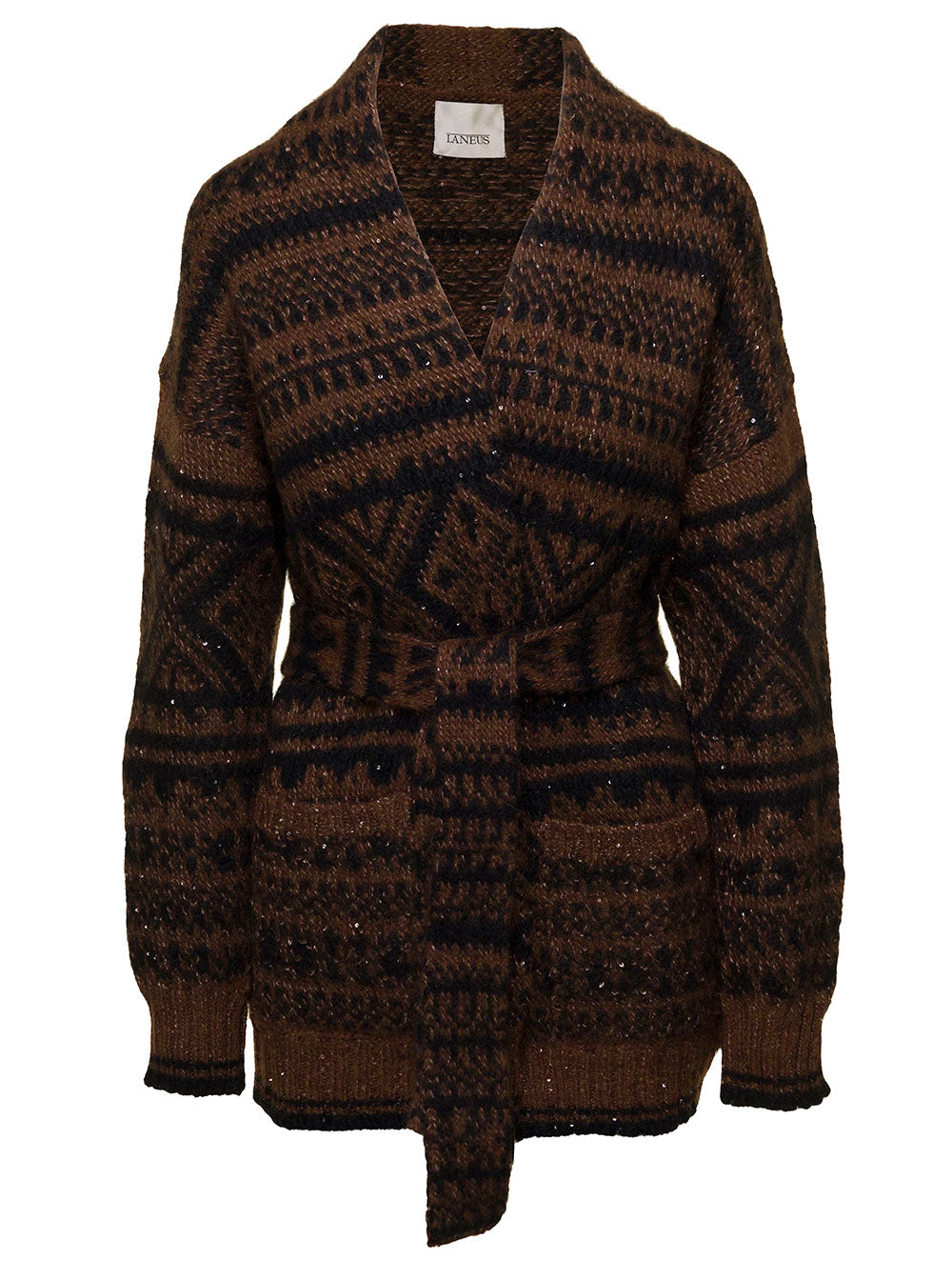 Brown Intarsia Knit Cardigan With Micro Paillettes Wool Blend Woman Laneus Jersey
