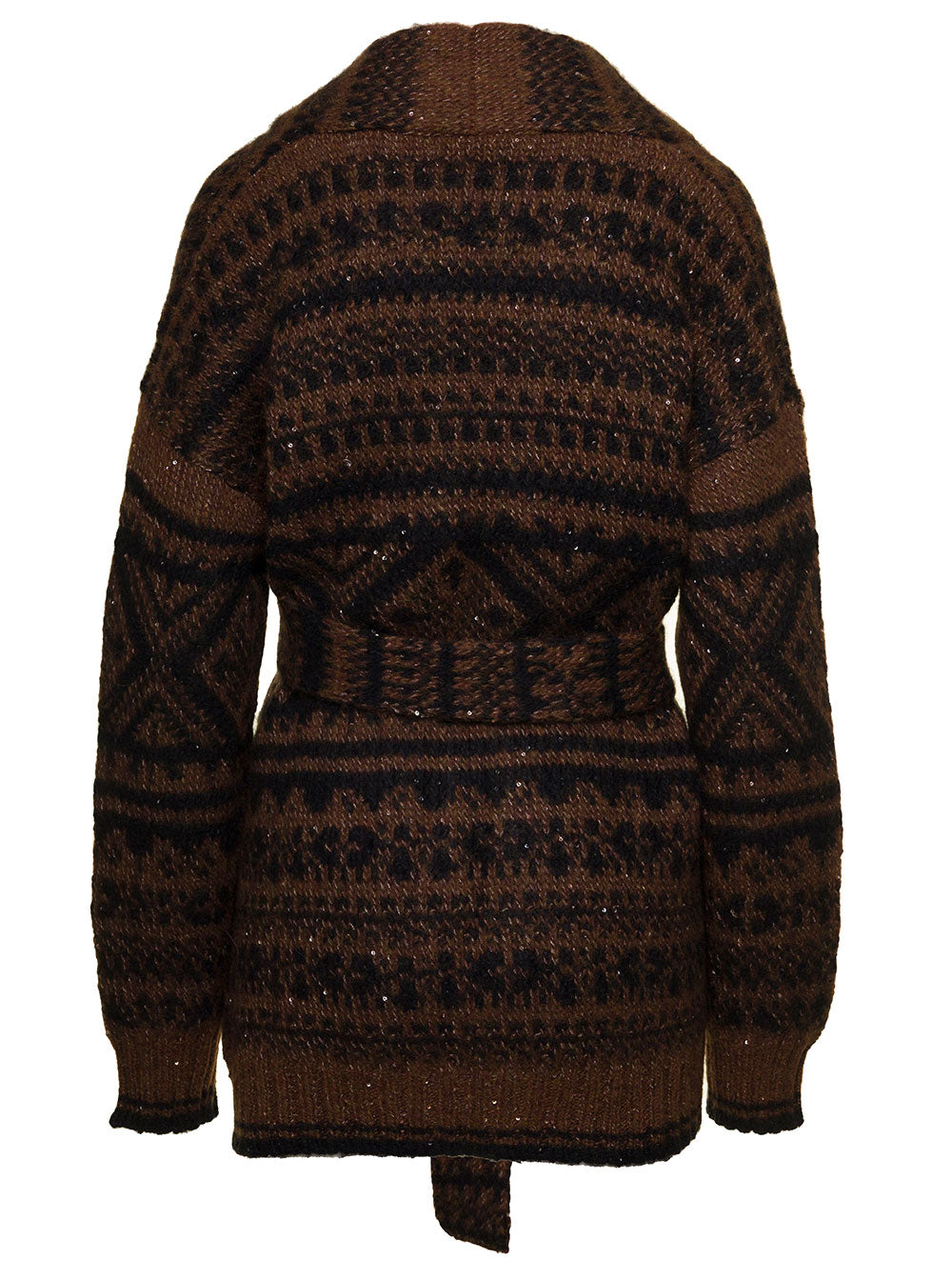 Brown Intarsia Knit Cardigan With Micro Paillettes Wool Blend Woman Laneus Jersey