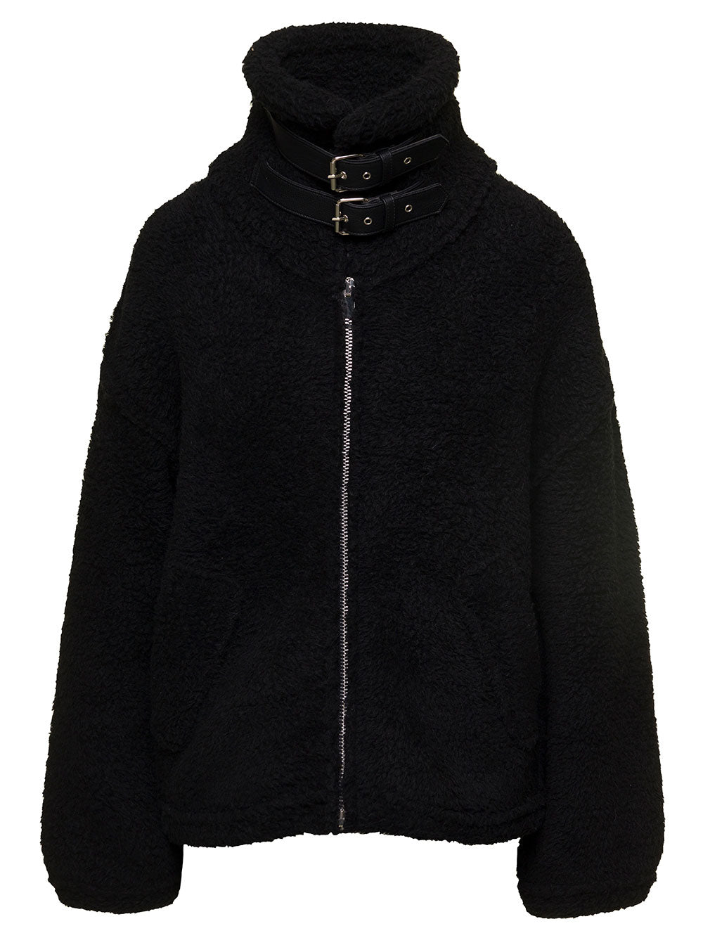 Black High-Neck Jacket With Double Buckle Strap Shearling Woman Laneus Wool