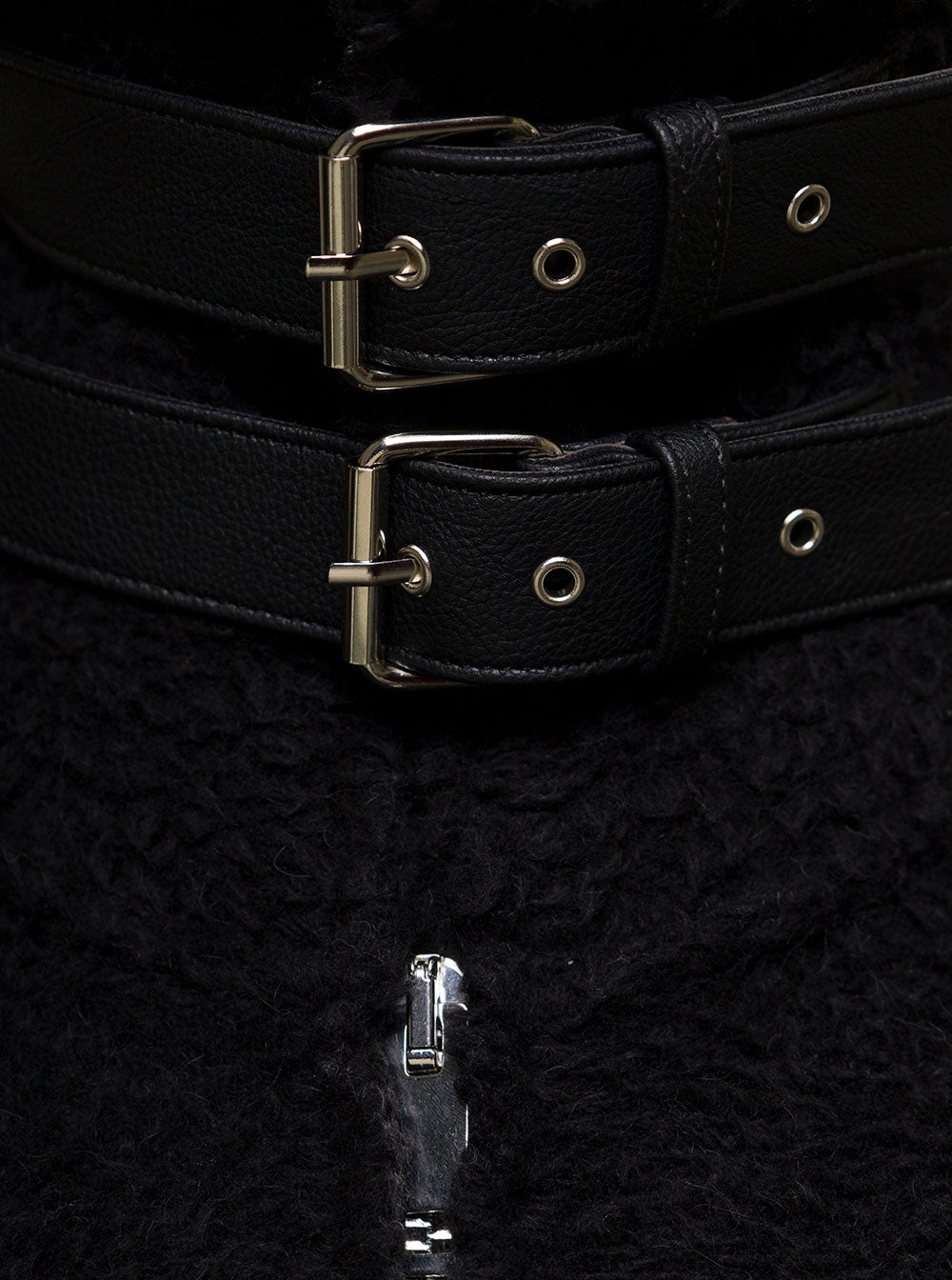 Black High-Neck Jacket With Double Buckle Strap Shearling Woman Laneus Wool