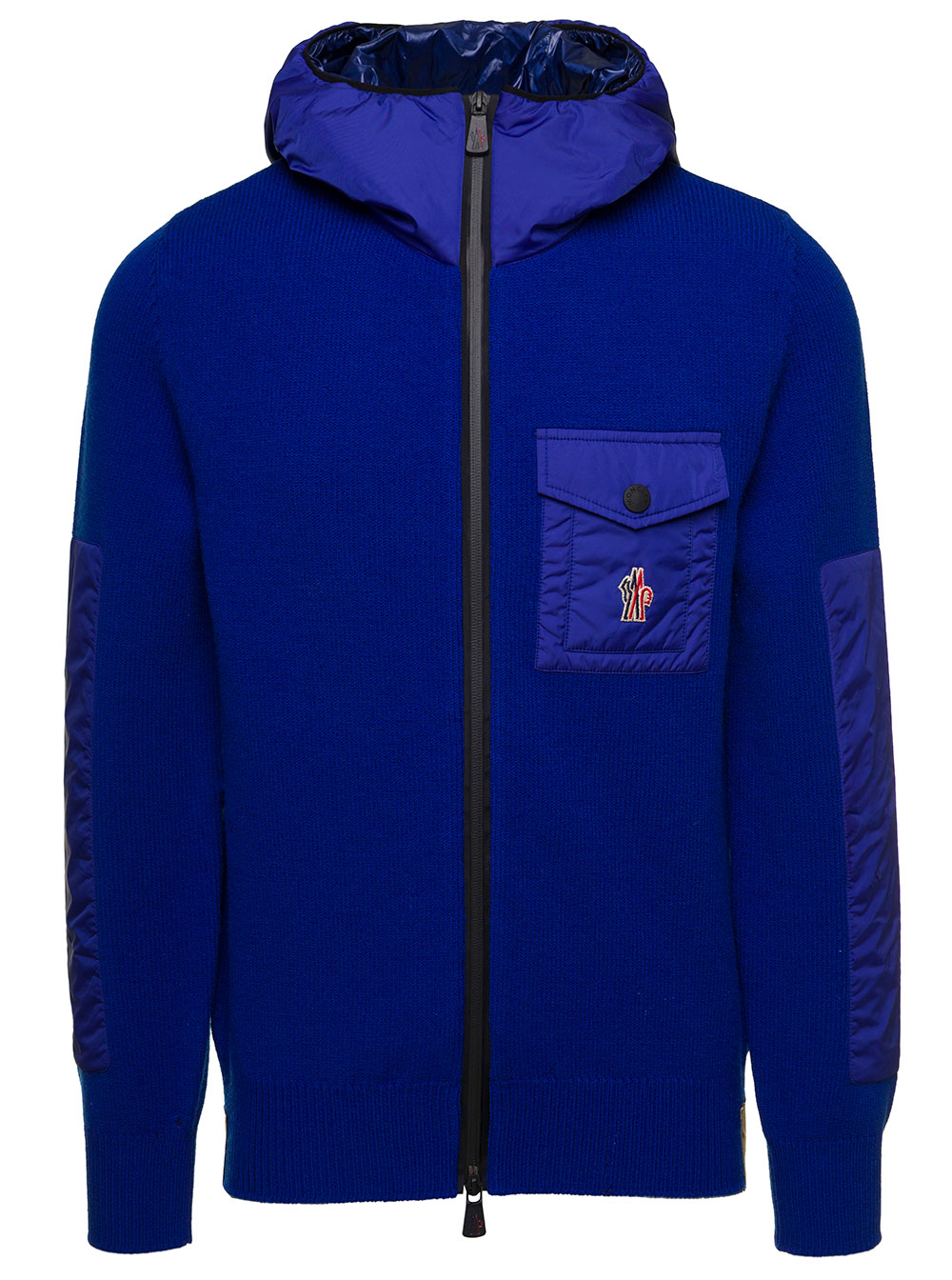 Blue Cardigan With Nylon Inserts And Hood Wool Man Moncler Grenoble Blu Jersey
