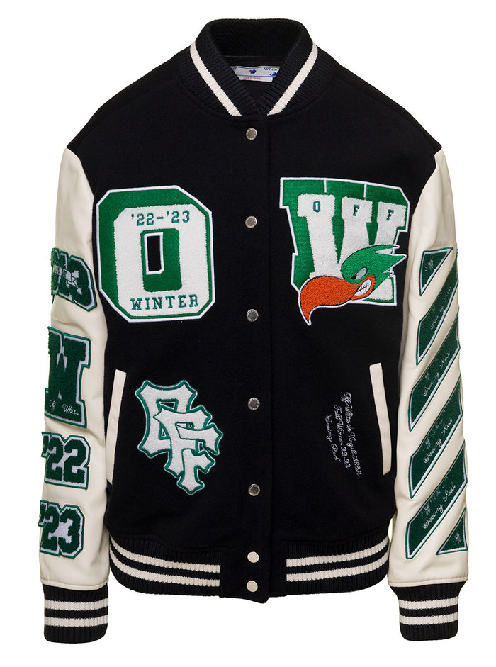 Multicolor All-Over Embroidery Patches Varsity Jacket Woman Off-White Black Polyester