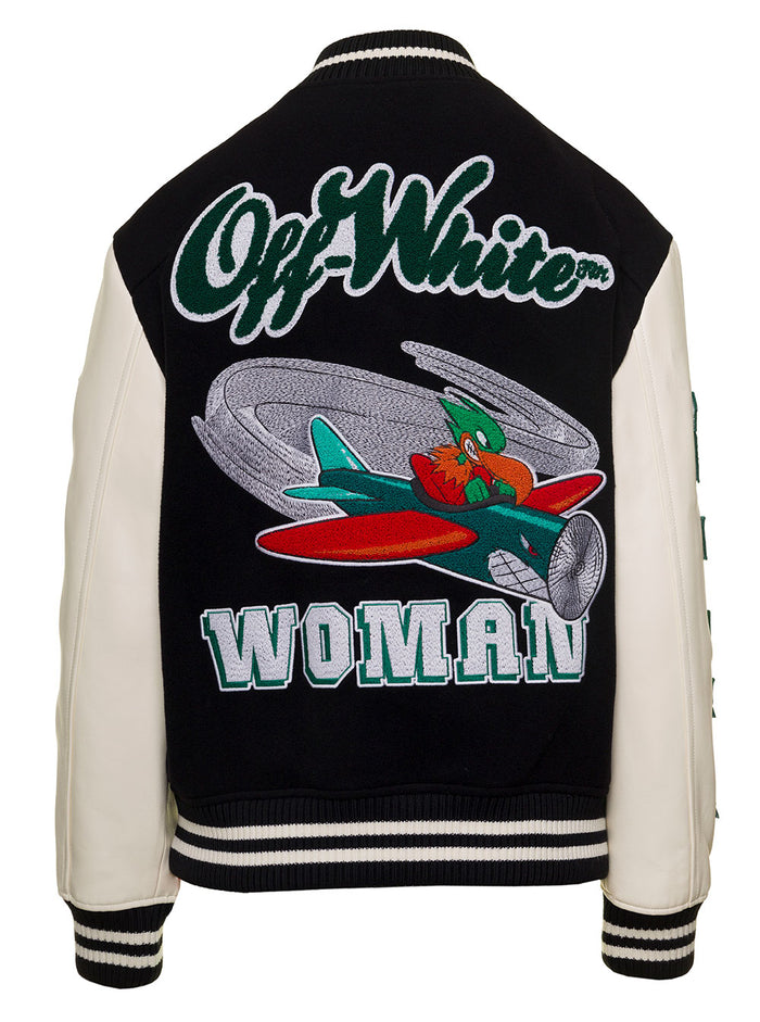 Multicolor All-Over Embroidery Patches Varsity Jacket Woman Off-White Black Polyester