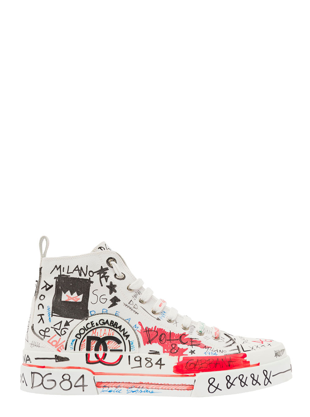 Portofino Hand-Painted Graffiti Mid-Top Sneakers Cotton And Leather Man Dolce & Gabbana White Calf
