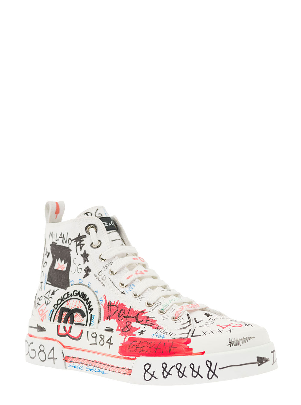 Portofino Hand-Painted Graffiti Mid-Top Sneakers Cotton And Leather Man Dolce & Gabbana White Calf