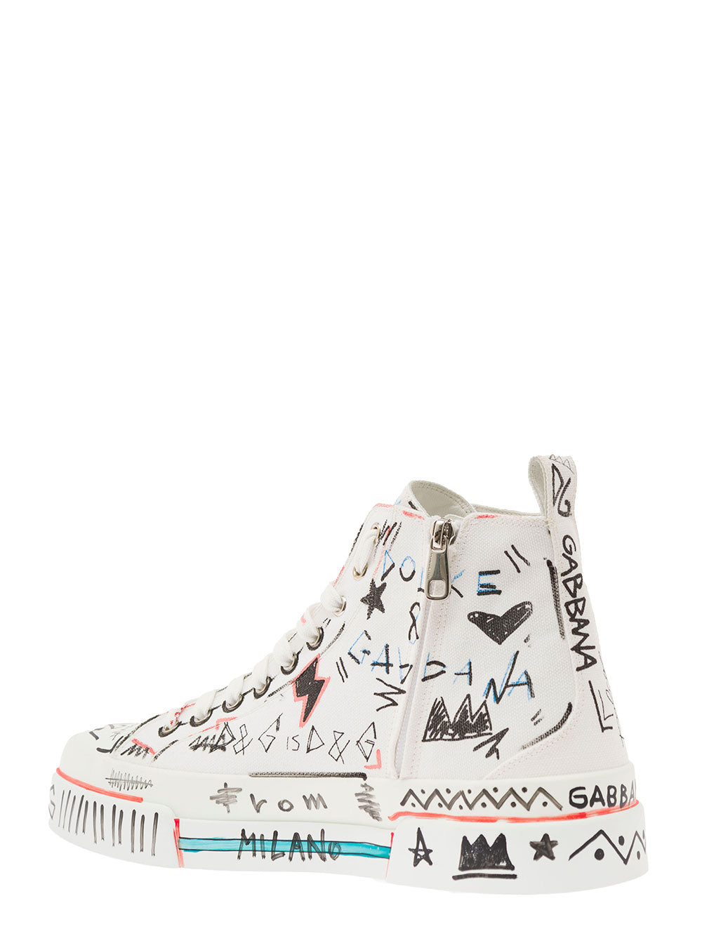 Portofino Hand-Painted Graffiti Mid-Top Sneakers Cotton And Leather Man Dolce & Gabbana White Calf