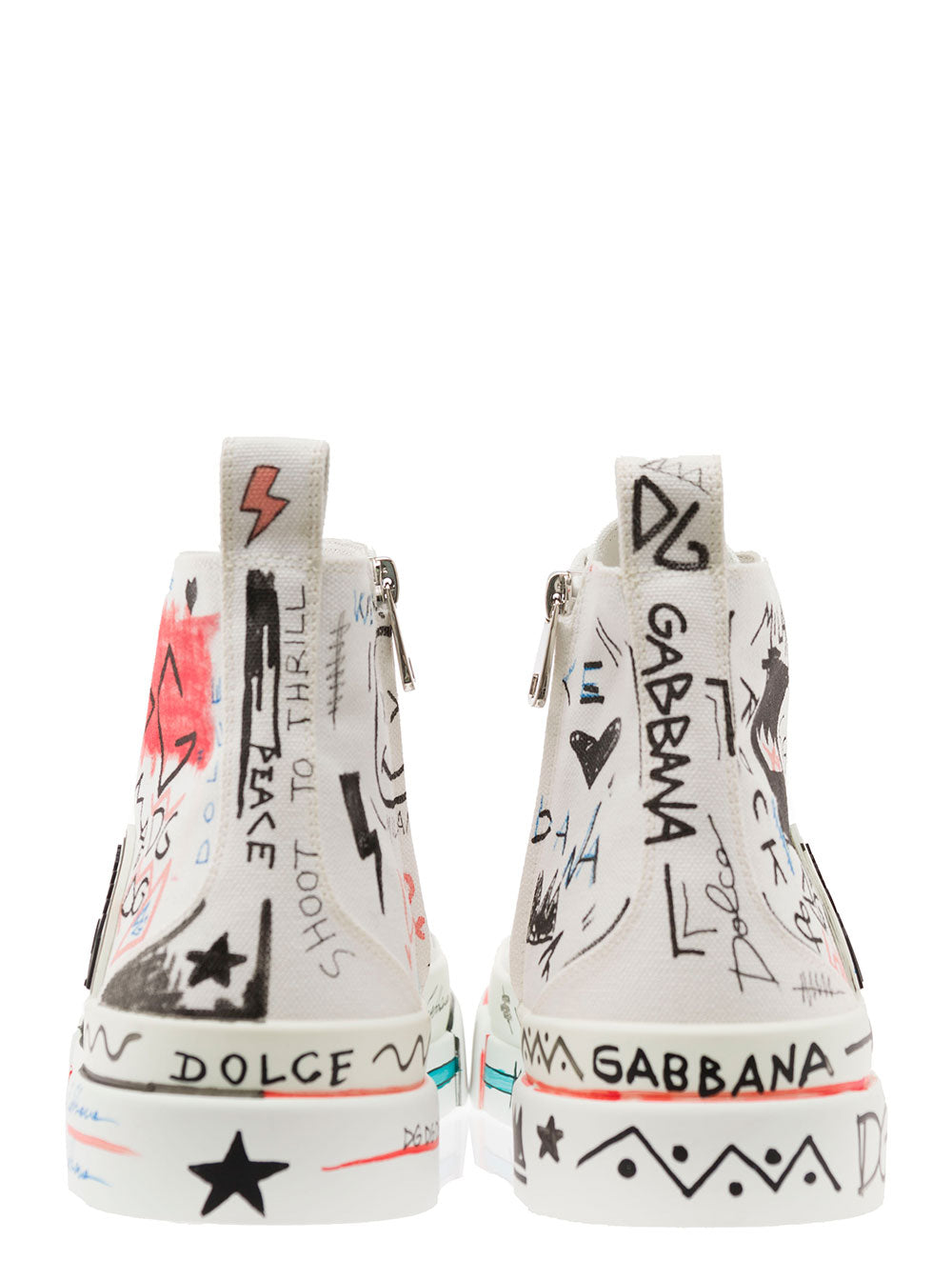 Portofino Hand-Painted Graffiti Mid-Top Sneakers Cotton And Leather Man Dolce & Gabbana White Calf