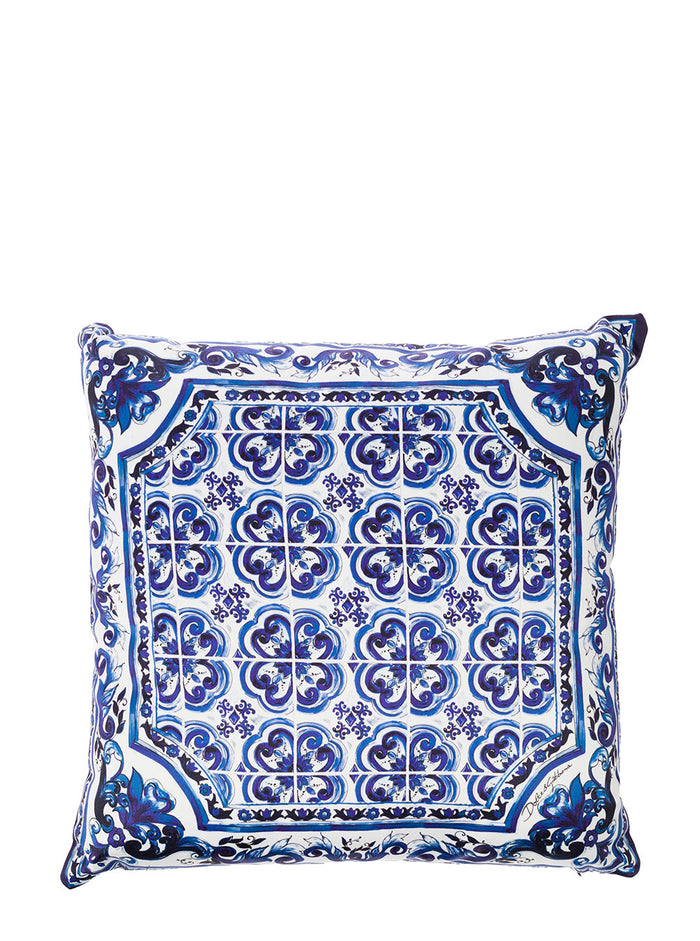 Blue And White Small Cushion With Mediterranean Print Duchesse Cotton Dolce & Gabbana Cushions