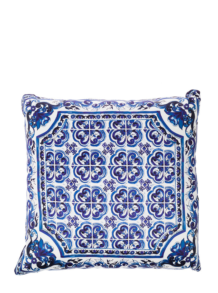 Blue And White Small Cushion With Mediterranean Print Duchesse Cotton Dolce & Gabbana Cushions