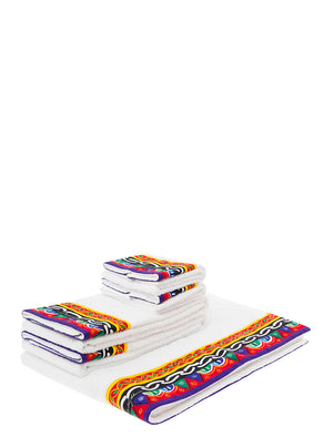 Towel Set Sicilian Cart Print, White Cotton Towels & Bath Robes