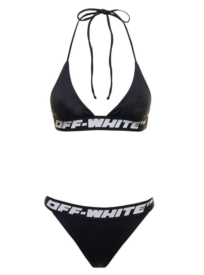 Off White Womans Black Strech Fabric Bikini With Logo Polyester Elastane Beachwear