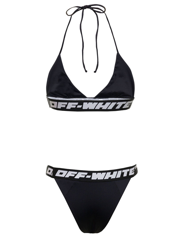 Off White Womans Black Strech Fabric Bikini With Logo Polyester Elastane Beachwear