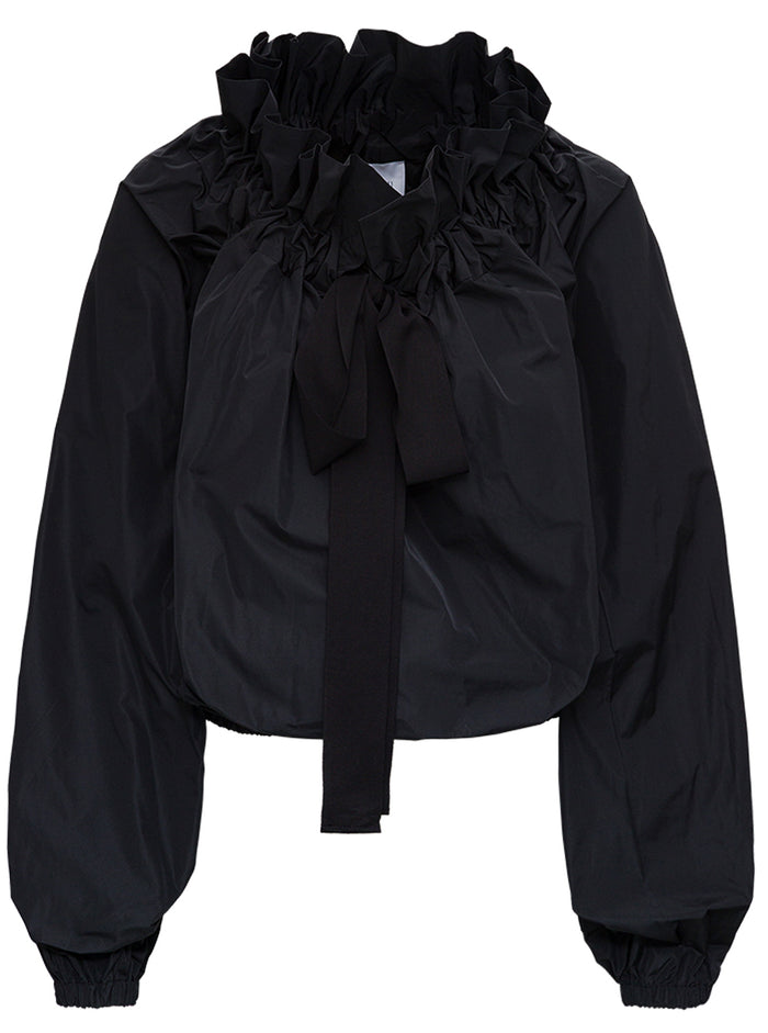 Gros Grain Top With Gathered Collar Black Polyester Shirts And Blouses