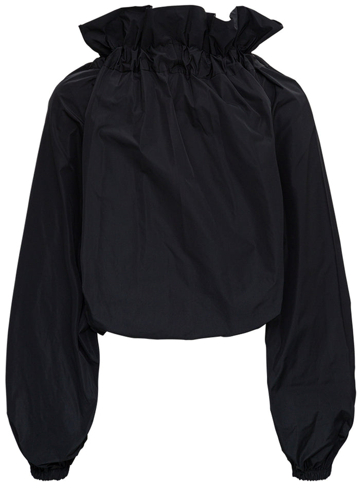 Gros Grain Top With Gathered Collar Black Polyester Shirts And Blouses