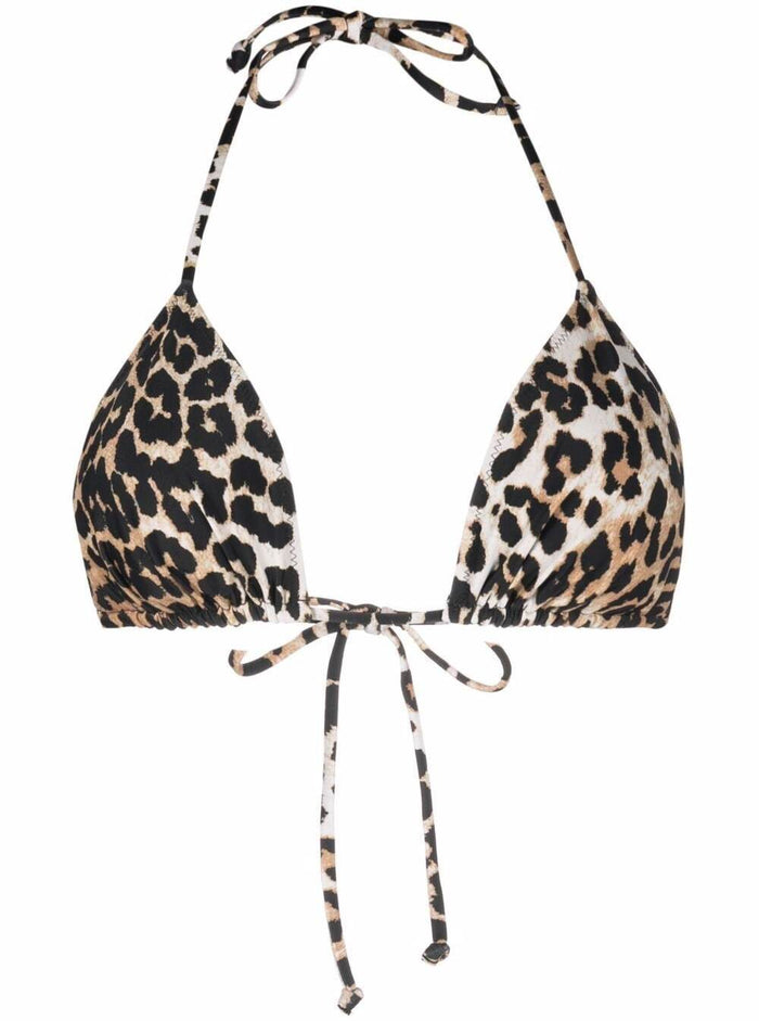 Ganni Womans Recycled Animalier Fabric Bikini Top Brown Polyamide Elastane Tops