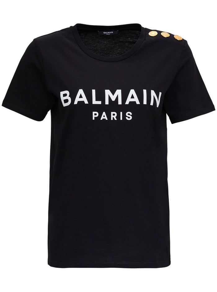 Balmain Womans Black Cotton T-Shirt With Logo Print Tshirts And Polo Shirts