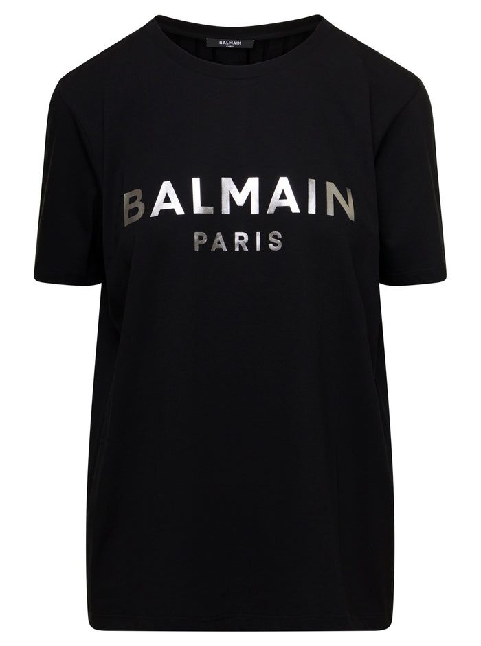 Balmain Womans Black Cotton T-Shirt With Metallic Logo Print Tshirts And Polo Shirts