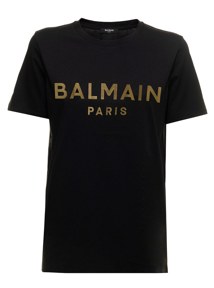 Balmain Womans Black Cotton T-Shirt With Metallic Logo Print Tshirts And Polo Shirts
