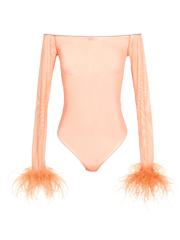 Feather Transparent Mesh Bodysuit Pink Polyamide Elastane Tops