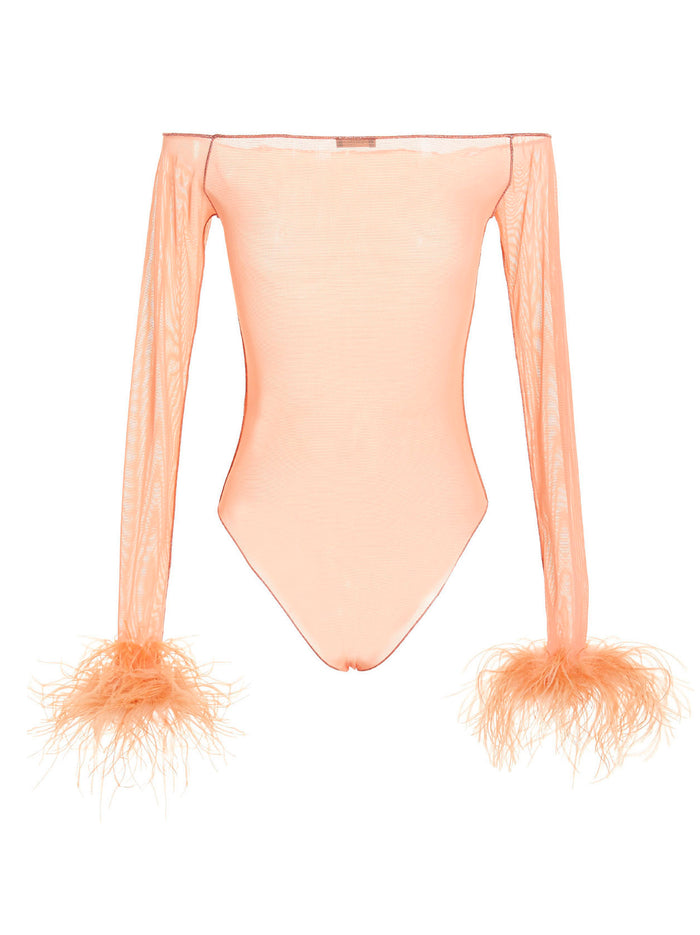 Feather Transparent Mesh Bodysuit Pink Polyamide Elastane Tops