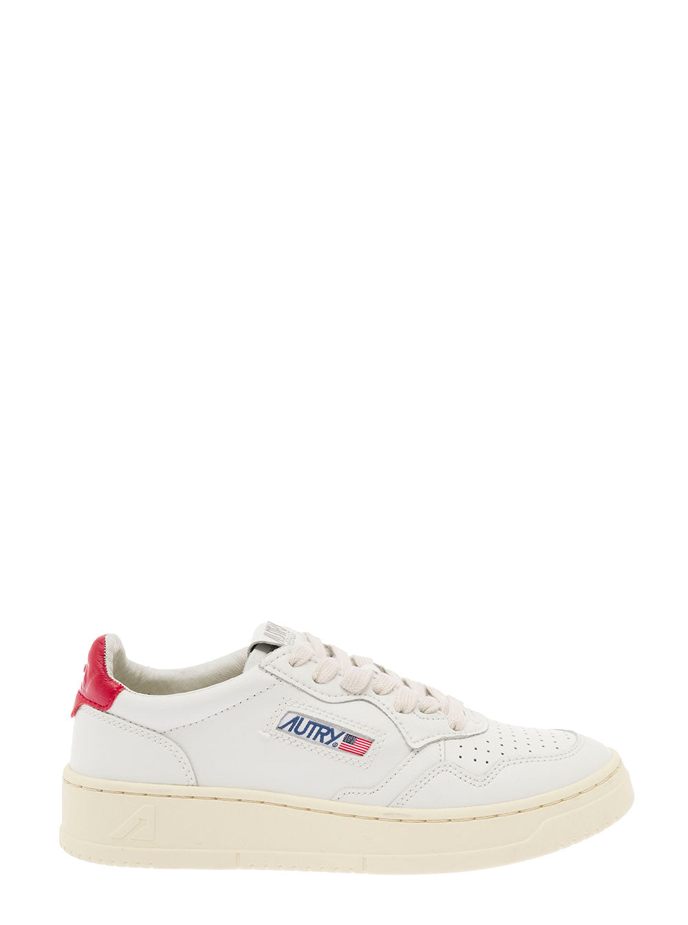 Low-Top White Sneakers Leather With Red Heel Tab Autry Woman Cow