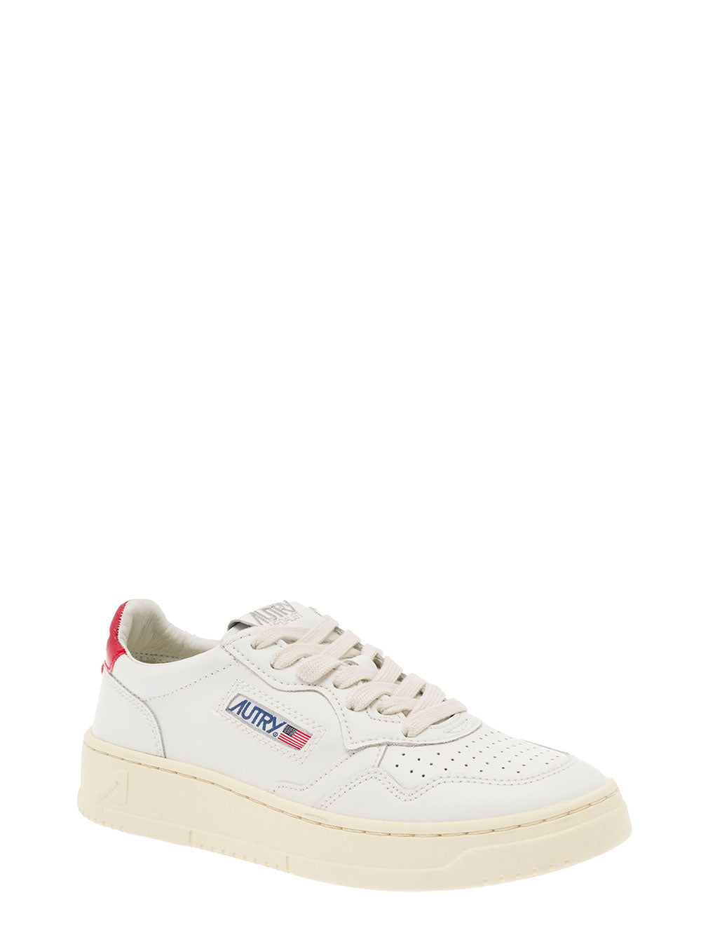 Low-Top White Sneakers Leather With Red Heel Tab Autry Woman Cow