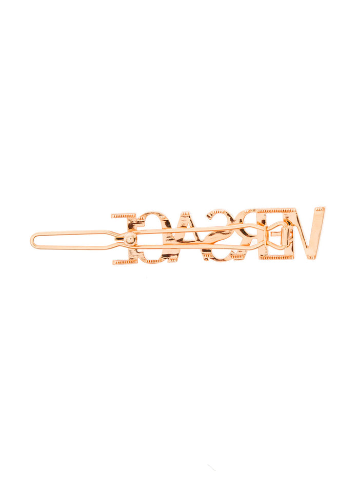 Antique Gold-Tone Logo Hair Clip Brass Versace Woman Metallic Metal Brooches