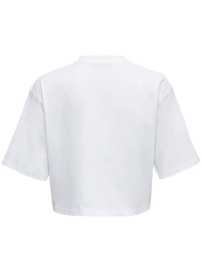 White Crop T-Shirt Jersey With Contrasting Logo Print On Front Cotton Tshirts And Polo Shirts