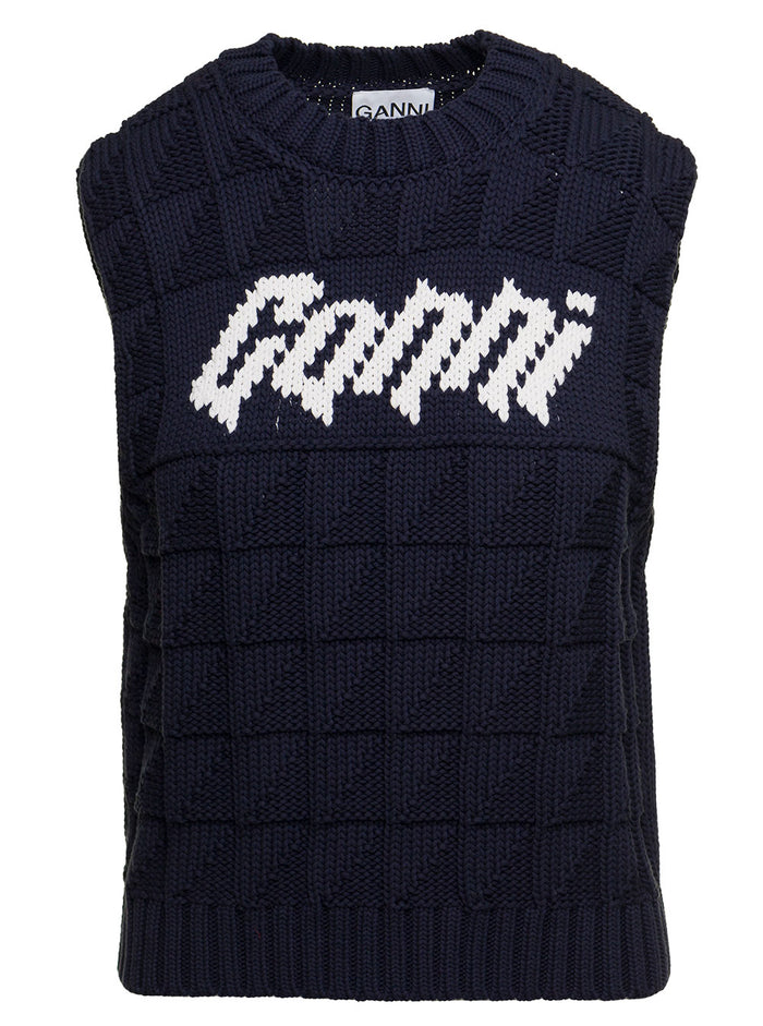 Black Cable Knit Vest With Contrasting Intarsia Logo Cotton Woman Ganni Organic Polyamide Blazers