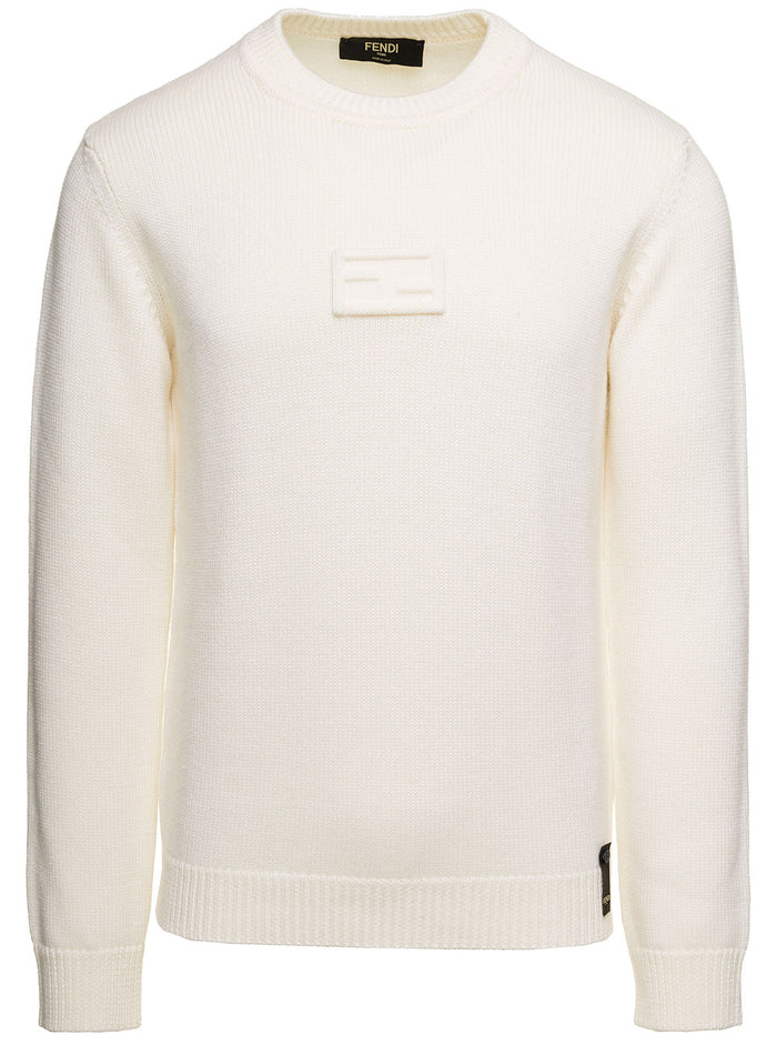 White Crewneck Sweater With Ff Macro Baguette Motif Relief Wool Man Fendi Jersey