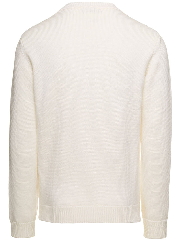 White Crewneck Sweater With Ff Macro Baguette Motif Relief Wool Man Fendi Jersey