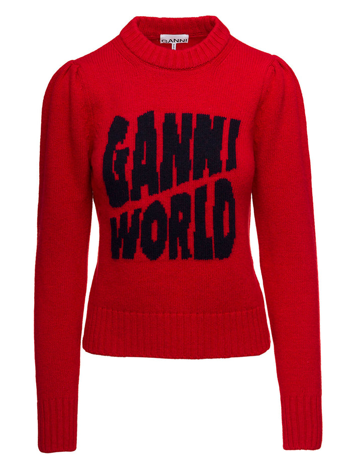 Red Graphic Puff Shoulders Sweater Recycled Wool Woman Ganni Rec Polyamide Jersey