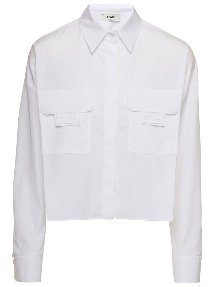 White Cropped Shirt With Embossed Ff Baguette Detail Poplin Cotton Woman Fendi And Blouses