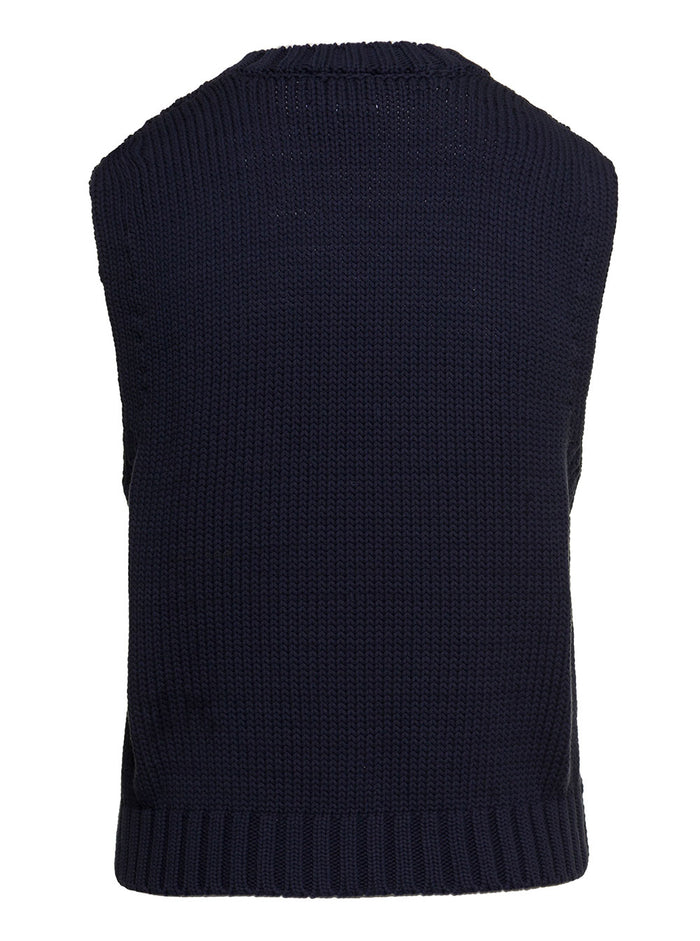 Black Cable Knit Vest With Contrasting Intarsia Logo Cotton Woman Ganni Organic Polyamide Blazers