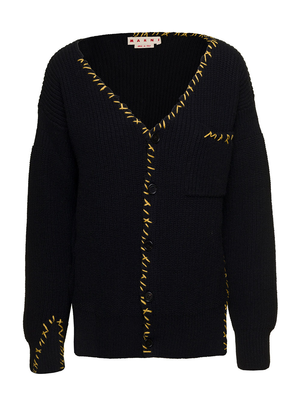 Black V Neck Cardigan With Raw-Edge Detailing Wool Woman Marni Virgin Jersey