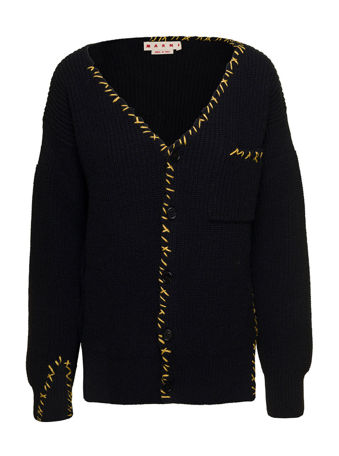 Black V Neck Cardigan With Raw-Edge Detailing Wool Woman Marni Virgin Jersey