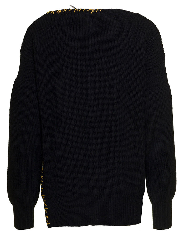 Black V Neck Cardigan With Raw-Edge Detailing Wool Woman Marni Virgin Jersey
