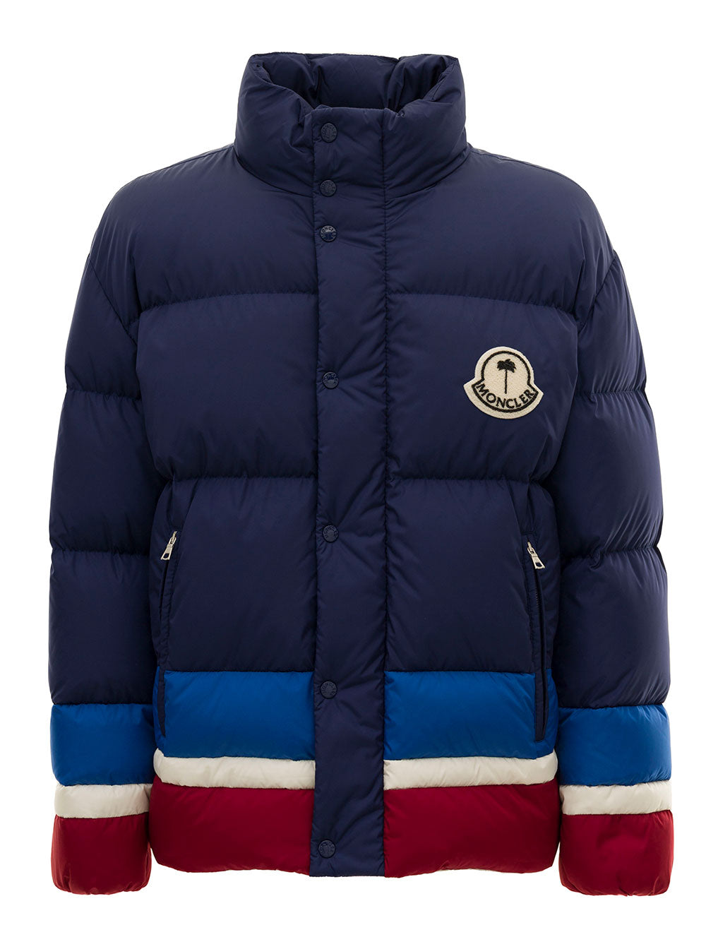 Denneny Blue Short Down Jacket With Patch Logo And Embroidery Man Moncler X Palm Angels Blu