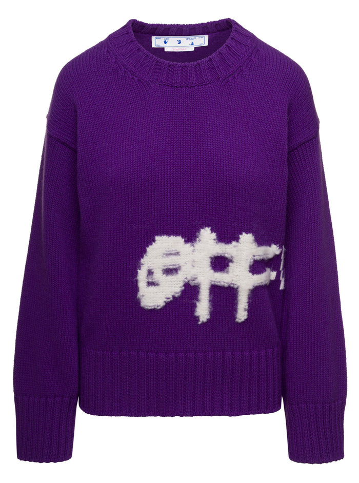 Purple Crewneck Lettering Intarsia Sweater Wool Woman Off-White Violet Nylon Jersey