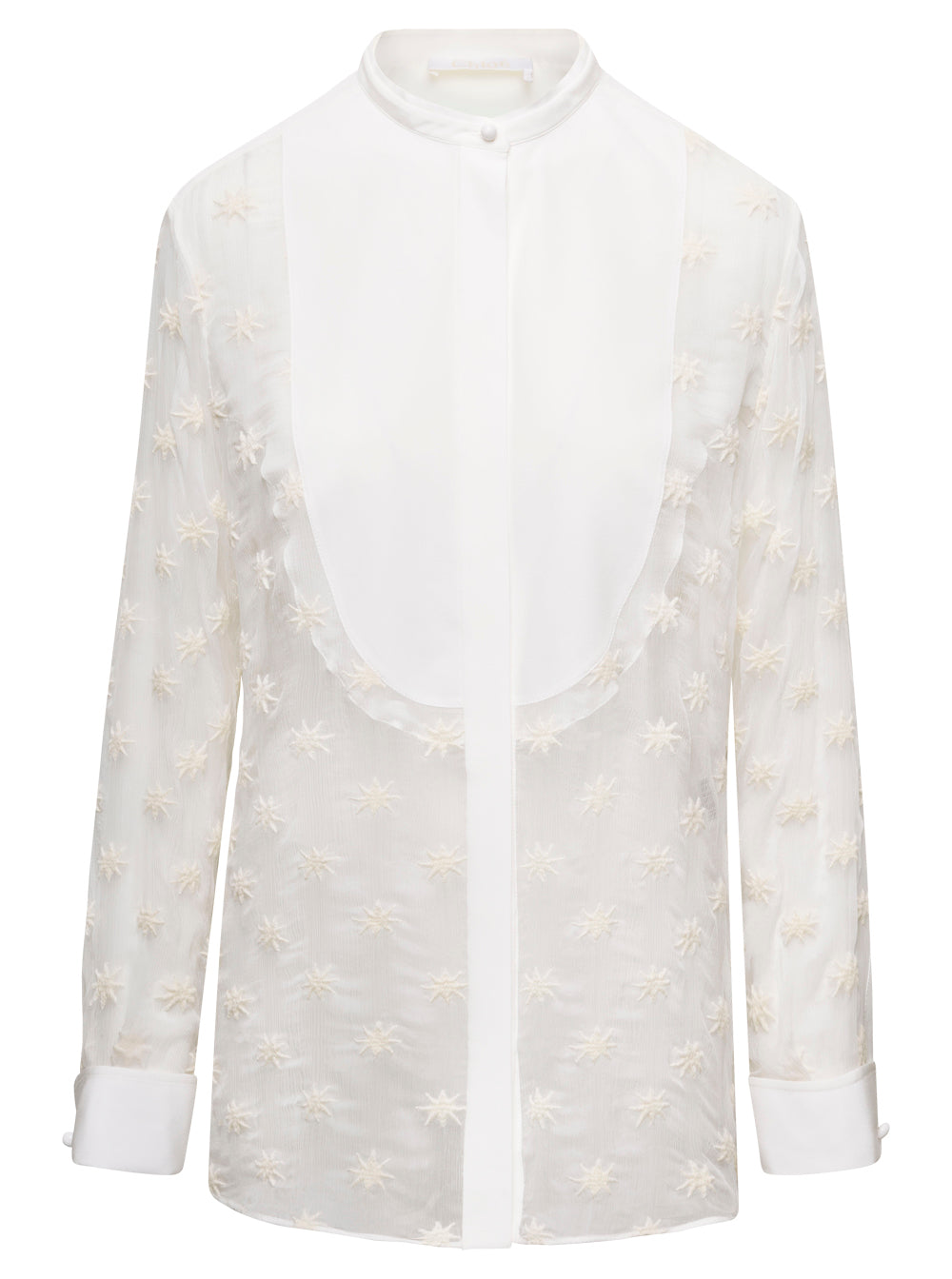 Flou Tuxedo White Star-Embroidered Shirt With Plastron Silk Mousseline Woman Chloé And Blouses