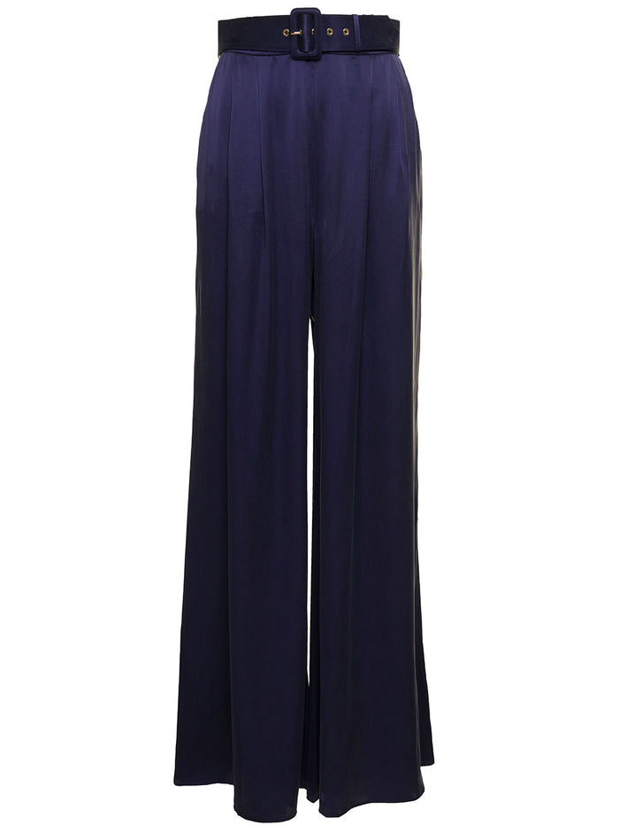 Blue Wide Belted Trousers Silk Woman Zimmermann Blu